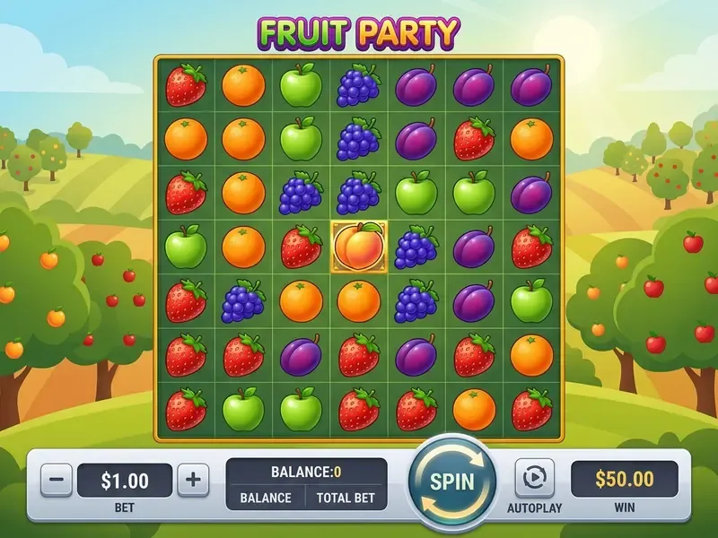 Fruit Party slot tét és spin kezelőfelület